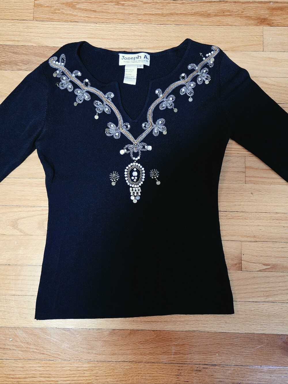 Joseph Black Long-Sleeve Knit Top with Silver Embellishment